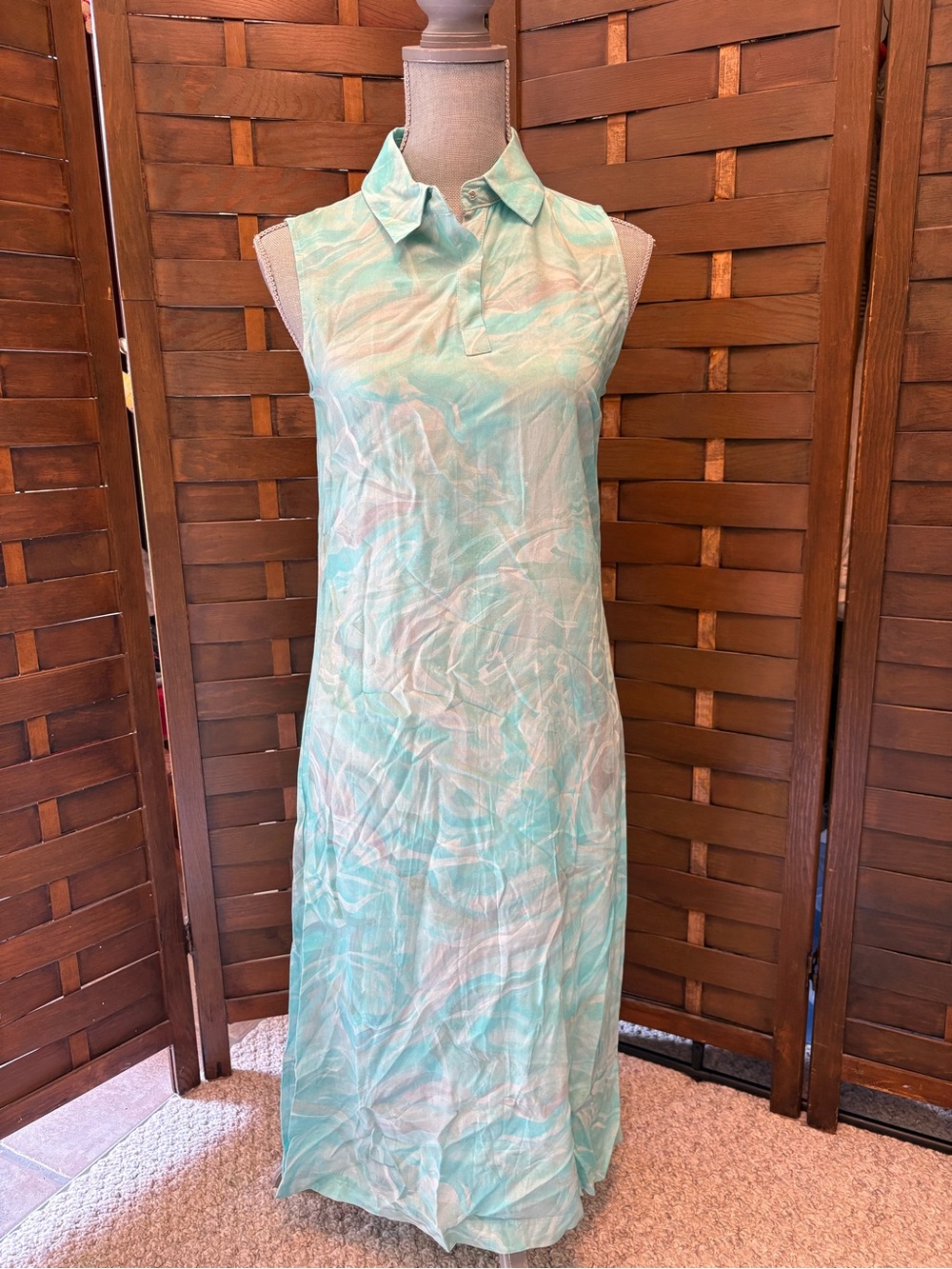 Isolda Sleeveless Collared Maxi Dress in watercolor blue teal size 4